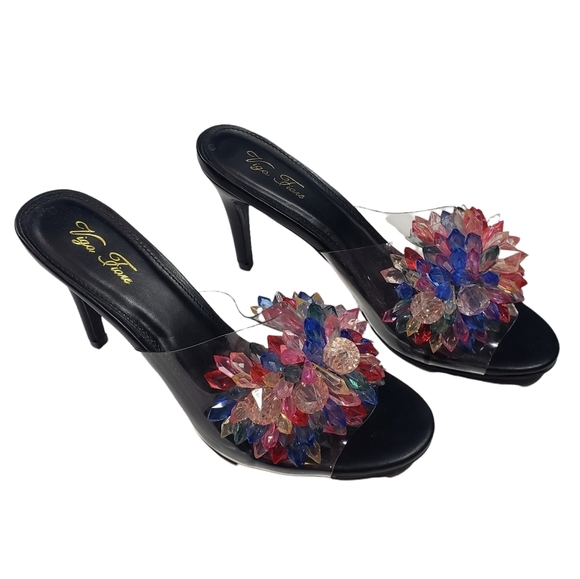 Viga Fiore Lucite Open Toe Heels Sz 7.5 3D Crystal Beads Colorful Slip-On Mules - Picture 1 of 12